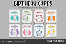 Load image into Gallery viewer, A digital preview graphic for a craft bundle titled 'BIRTHDAY CARDS' showing eight printable card designs and an envelope layout on a gray background, with text reading '8 CARD DESIGNS + ENVELOPE' and 'SVG CUT FILES' at the bottom.