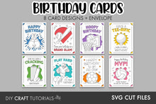 Load image into Gallery viewer, A promotional graphic for a DIY craft tutorial set featuring eight birthday card designs and an envelope. The cards are shown in a 2x4 grid on a gray background, with titles such as 'Happy Birthday to an All-Star,' 'Have a Tee-Rific,' 'Play Hard,' and 'Cracking the Birthday.