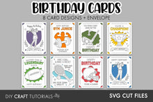 Load image into Gallery viewer, A digital preview graphic for a craft tutorial set featuring eight customizable sports-themed birthday cards and an envelope. The cards display various sports icons and text like 'Gym Junkie', 'Golf Champion', 'Football Legend', and 'Baseball Star' in different color schemes.