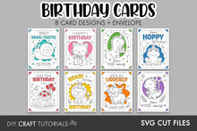Load image into Gallery viewer, A promotional graphic for a set of printable birthday cards and envelope. The top text reads 'BIRTHDAY CARDS' and '8 CARD DESIGNS + ENVELOPE.
