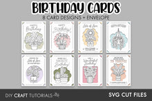 Load image into Gallery viewer, A promotional graphic for a set of DIY craft tutorials featuring 8 birthday card designs and an envelope, shown as SVG cut files. The cards display various pastel-colored line art illustrations of potted plants and flowers with text like 'Happy Birthday' and 'Lots of Love'.