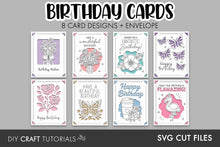Load image into Gallery viewer, A promotional graphic for a set of birthday card designs, showing eight illustrated card layouts with envelopes on a gray background. The cards feature floral, butterfly, and flamingo designs with phrases like 'Happy Birthday,' 'Have a Wonderful Birthday,' and 'Happy Birthday Wishes.