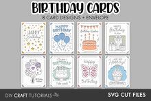 Load image into Gallery viewer, A digital preview graphic for a set of birthday card designs and envelope, showing eight different card layouts arranged in a grid on a gray background. The cards feature illustrations of balloons, cakes, gifts, flowers, a butterfly, and a cupcake, with text such as 'Happy Birthday,' 'Happy Birthday to You,' and 'Happy Birthday Wishes.