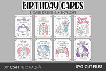 Load image into Gallery viewer, A promotional graphic for a set of DIY craft tutorials featuring 8 birthday card designs and an envelope, shown as SVG cut files. The cards are displayed in a 2x4 grid on a gray background, with various line art illustrations of handbags, shoes, makeup, and flowers in pink, purple, and blue tones.