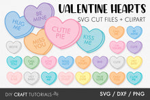 Load image into Gallery viewer, Collection of colorful heart-shaped SVG cut files with various phrases on a white background.