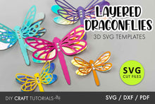 Load image into Gallery viewer, Colorful layered dragonfly SVG templates on a gray background with text about SVG cut files.