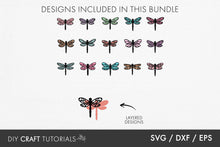 Load image into Gallery viewer, Collection of dragonfly designs included in a bundle with SVG, DXF, and EPS formats.