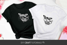 Load image into Gallery viewer, Black and white t-shirts with dragonfly designs on a light background