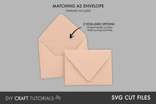 Load image into Gallery viewer, Digital product preview for matching A2 envelopes in SVG cut file format, showing two peach-colored envelope templates on a gray background with text describing template features and a dark footer reading DIY CRAFT TUTORIALS and SVG CUT FILES.