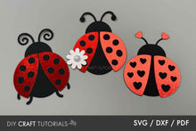 Load image into Gallery viewer, Three paper ladybug cutouts with different designs on a gray background, featuring SVG/DXF/PDF craft tutorials.