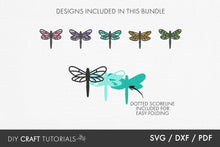 Load image into Gallery viewer, Dragonfly designs included in a bundle with SVG, DXF, and PDF formats on a white background.
