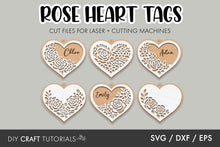 Load image into Gallery viewer, Rose heart tags with names on a gray background