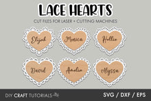 Load image into Gallery viewer, Heart-shaped cut files with names on a gray background, labeled 'Lace Hearts'.