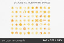 Load image into Gallery viewer, Collection of sun designs with text indicating SVG, DXF, and PNG formats on a white background.