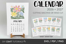 Load image into Gallery viewer, Floral calendar design for 2026-2027 with cutting machine or hand cut options, featuring SVG/PDF/PNG formats.
