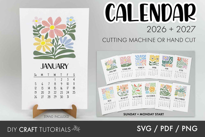 Floral calendar design for 2026-2027 with cutting machine or hand cut options, featuring SVG/PDF/PNG formats.