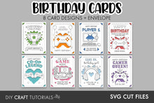 Load image into Gallery viewer, Preview of eight gamer birthday card designs in green, orange, blue, red, teal, pink, light blue and purple, featuring controllers, pixel graphics, headphones, a trophy and gaming birthday messages.
