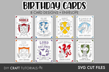 Load image into Gallery viewer, A promotional graphic for a DIY craft tutorial set featuring 8 different birthday card designs and an envelope, labeled 'BIRTHDAY CARDS' with '8 CARD DESIGNS + ENVELOPE.' The cards are shown in a 2x4 grid on a gray background, with sample heraldic illustrations including shields, dragons, swords, and crowns in red, blue, yellow, purple, and green.
