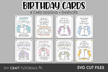 Load image into Gallery viewer, A digital preview graphic for a set of DIY craft tutorials featuring 8 different birthday card designs and an envelope, labeled 'BIRTHDAY CARDS 8 CARD DESIGNS + ENVELOPE'. The cards display cute cartoon penguin illustrations with various birthday-themed messages in pastel colors.
