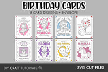 Load image into Gallery viewer, A promotional graphic for a set of printable birthday cards, showing eight illustrated card designs arranged in a grid on a gray background. Large text at the top reads 'BIRTHDAY CARDS' and '8 CARD DESIGNS + ENVELOPE,' with additional text at the bottom including 'DIY CRAFT TUTORIALS' and 'SVG CUT FILES.
