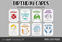 Load image into Gallery viewer, Preview of 8 birthday card SVG designs featuring golf, a classic truck, a biker skull, a flying bird, beer, fishing and bodybuilding illustrations in bright red, teal, green, purple, yellow, orange and blue.
