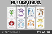 Load image into Gallery viewer, A promotional graphic for a set of DIY craft tutorials featuring 8 cowboy-themed birthday card designs and an envelope, labeled 'BIRTHDAY CARDS' with '8 CARD DESIGNS + ENVELOPE' on a gray background. The cards show various colorful illustrations including a horseshoe, cowboy boots, a horse, a buffalo skull, a barn, and a cowboy hat.
