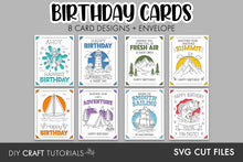 Load image into Gallery viewer, A digital preview graphic for a set of birthday card designs, showing eight illustrated card layouts arranged in a grid on a gray background, with text reading 'BIRTHDAY CARDS', '8 CARD DESIGNS + ENVELOPE', and 'SVG CUT FILES'.
