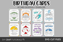 Load image into Gallery viewer, A digital preview graphic for a set of DIY craft tutorials featuring 8 different birthday card designs and an envelope, labeled 'BIRTHDAY CARDS'. The cards are shown in a 2x4 grid with various line art illustrations including a car, guitar, motorcycle, and playing cards.
