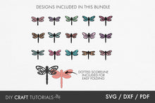 Load image into Gallery viewer, Collection of dragonfly designs with text about SVG, DXF, and PDF formats on a white background.
