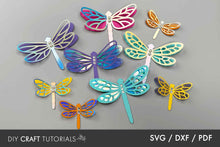 Load image into Gallery viewer, Colorful dragonfly-shaped cutouts on a gray background with 'DIY Craft Tutorials' text.
