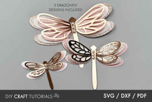 Load image into Gallery viewer, Three dragonfly designs on a gray background with text indicating SVG, DXF, and PDF formats.
