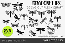 Load image into Gallery viewer, Collection of dragonfly SVG cut files and clipart on a white background with a green 'SVG Cut Files' label.
