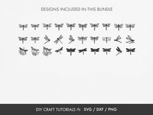 Load image into Gallery viewer, Collection of dragonfly illustrations in various styles on a white background with text about DIY craft tutorials.
