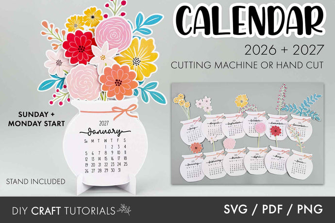 Floral calendar design with cutting machine or hand cut options for 2026-2027, featuring SVG/PDF/PNG files.
