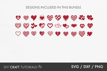 Load image into Gallery viewer, Collection of heart designs with text indicating included designs and file formats on a white background.
