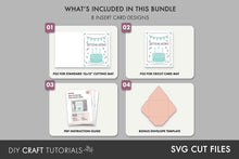 Load image into Gallery viewer, Bundle contents diagram showing SVG files for standard 12 x 12 inch cutting mats and Cricut card mats, a PDF instruction guide and a bonus envelope template.
