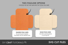 Load image into Gallery viewer, Two versions of the envelope SVG template: dashed blade-cut fold lines that require no scoring tool and solid fold lines for use with a scoring stylus or scoring tool.
