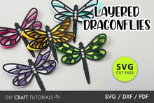 Load image into Gallery viewer, Colorful layered dragonfly SVG cut files on a white background with 'SVG Cut Files' text.
