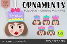 Load image into Gallery viewer, Decorative female nutcracker ornament with &#39;name&#39; design, suitable for laser cutting machines, featuring SVG cut files.
