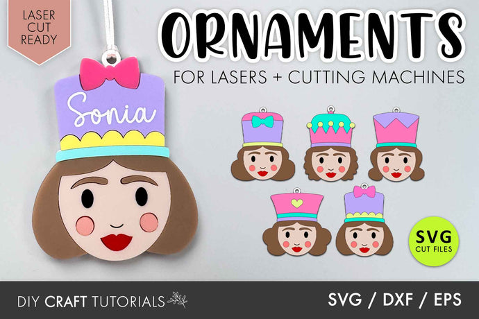 Decorative female nutcracker ornament with 'name' design, suitable for laser cutting machines, featuring SVG cut files.