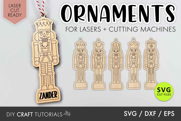 Wooden nutcracker ornaments with 'Zander' branding on a gray background, featuring text about laser-cut ready SVG files.