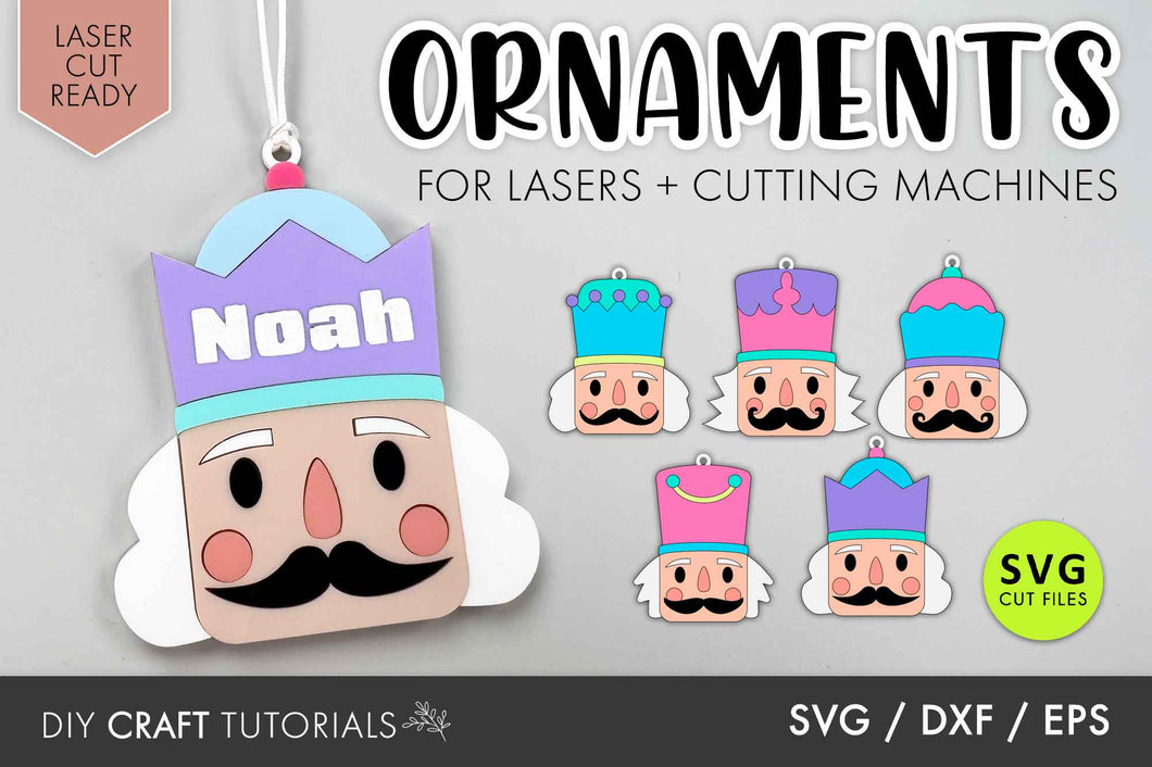 Decorative nutcracker ornament with 'Noah' on a purple hat, surrounded by other nutcracker designs, on a gray background.