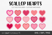 Load image into Gallery viewer, Scallop heart designs for laser cutting on a white background with text about cut files and file formats.

