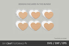 Load image into Gallery viewer, Heart-shaped cutouts with lace trim on a gray background, featuring DIY craft tutorials and file format options.
