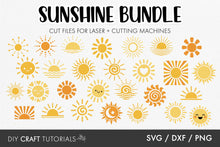 Load image into Gallery viewer, Collection of sun illustrations with text indicating a 'Sunshine Bundle' for laser cutting machines.
