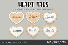 Load image into Gallery viewer, Heart-shaped tags with names on a gray background, cut files for laser cutting machines.
