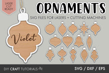 Load image into Gallery viewer, Collection of wooden ornament SVG cut files with 'Violet' on a gray background

