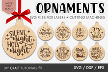Load image into Gallery viewer, Wooden Christmas ornaments with engraved text, accompanied by SVG files for lasers and cutting machines.
